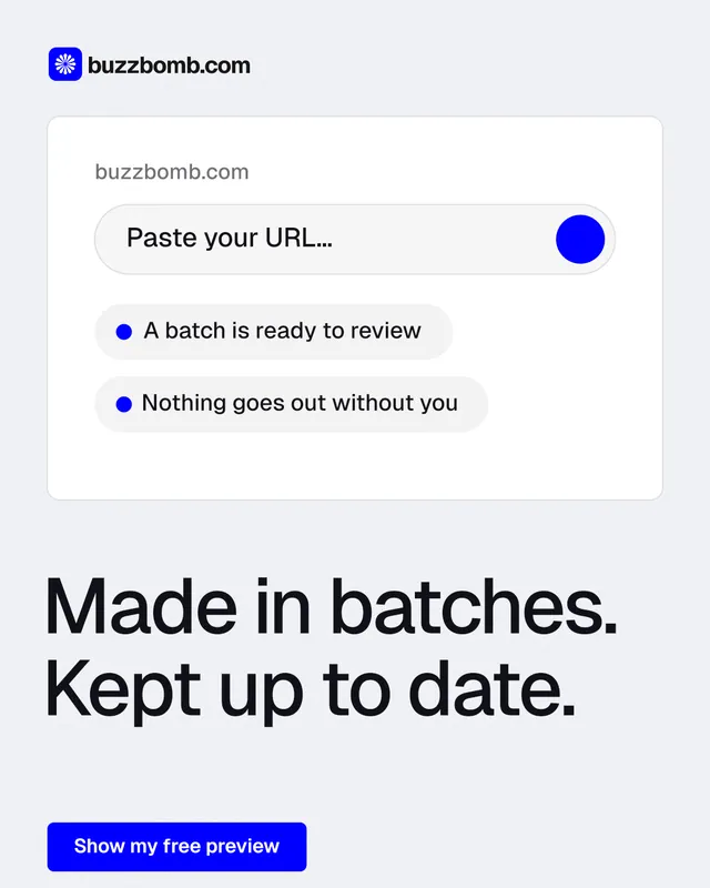 Instagram portrait post for BuzzBomb: "Made in batches. Kept up to date." Data card style, bottom layout, light palette in white, blue.