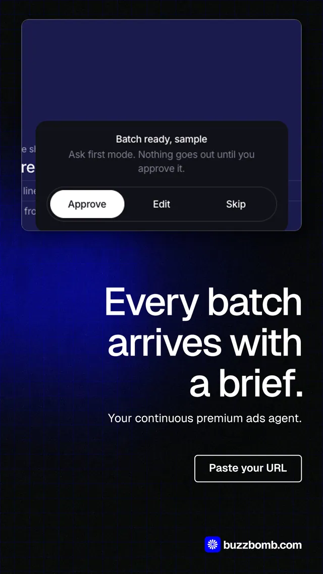 Instagram story for BuzzBomb: "Every batch arrives with a brief." Phosphor atlas style, right layout, dark palette in black, blue.