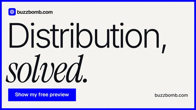 Landscape graphic for BuzzBomb: "Distribution, solved." Swiss style, poster layout, light palette in white, blue.