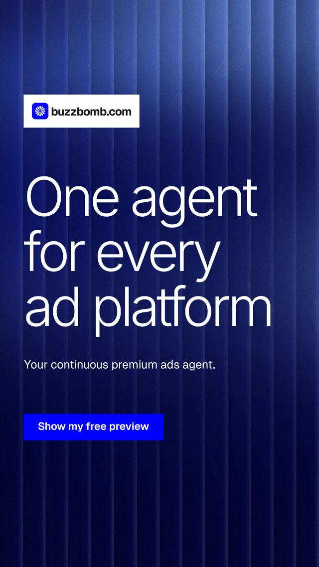 Instagram story for BuzzBomb: "One agent for every ad platform". Swiss style, announce layout, dark palette in blue.