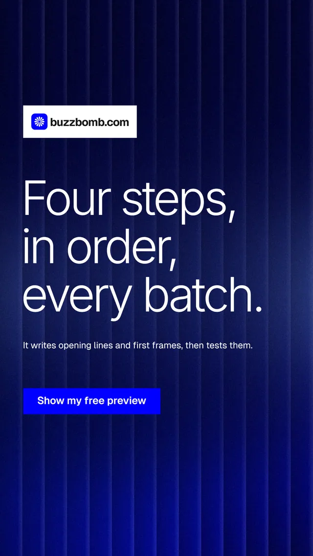 Instagram story for BuzzBomb: "Four steps, in order, every batch." Swiss style, announce layout, dark palette in black, blue, grey.