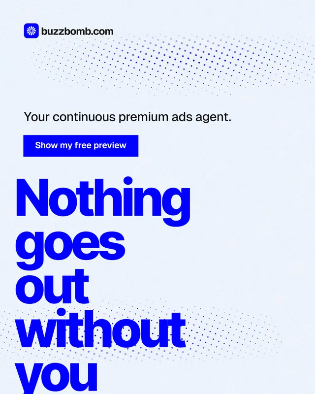 Instagram portrait post for BuzzBomb: "Nothing goes out without you". Swiss style, oversized layout, light palette in white, blue.