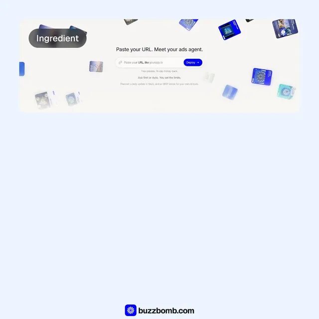 Video for BuzzBomb: "Paste your URL. Meet your ads agent.". Before after wipe, 6.0 s, light palette.