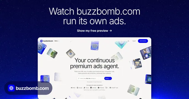 Social ad for BuzzBomb: "Watch buzzbomb.com run its own ads." Swiss style, ogui layout, dark palette in blue, white.