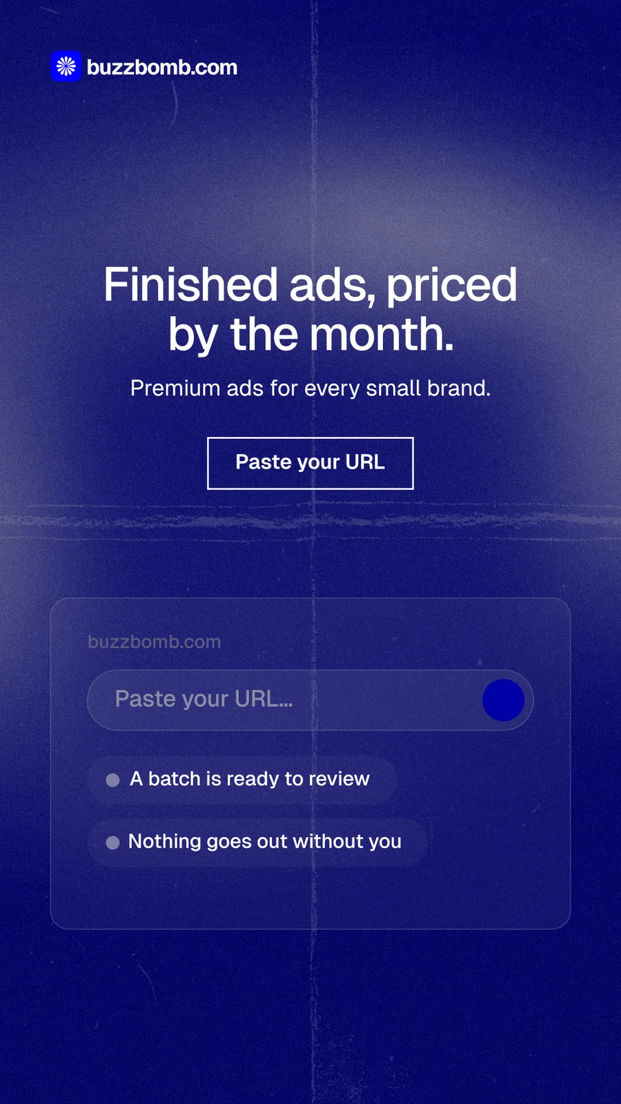 Instagram story for BuzzBomb: "Finished ads, priced by the month." Cyanotype style, centred layout, dark palette in blue.