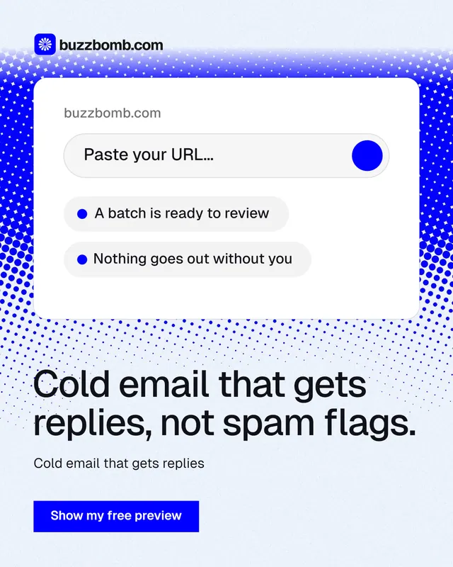 Instagram portrait post for BuzzBomb: "Cold email that gets replies, not spam flags." Swiss style, bottom layout, light palette in white, blue.