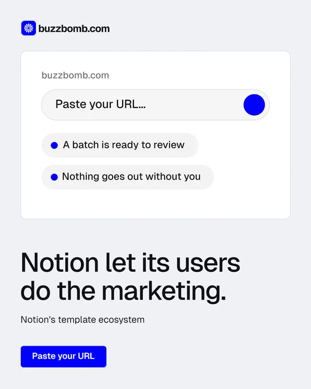 Instagram portrait post for BuzzBomb: "Notion let its users do the marketing." Data card style, bottom layout, light palette in white, blue.