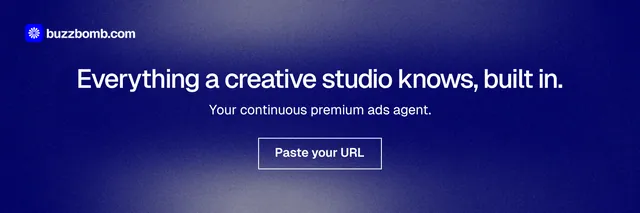 X header for BuzzBomb: "Everything a creative studio knows, built in." Cyanotype style, centred layout, dark palette in blue.