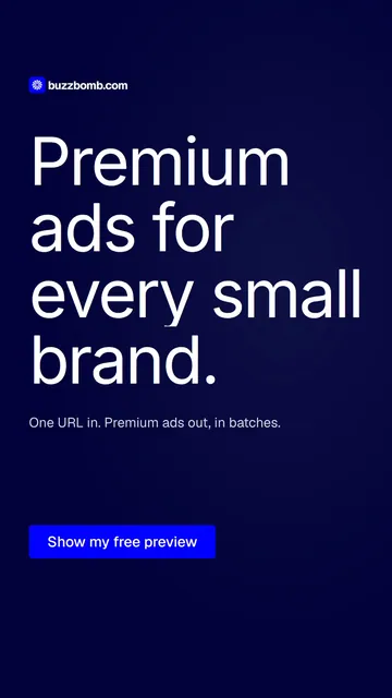Video for BuzzBomb: "Premium ads for every small brand.". Doc motion loop, 8.0 s, dark palette.