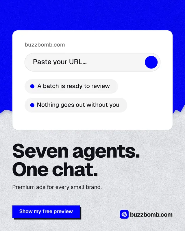 Instagram portrait post for BuzzBomb: "Seven agents. One chat." Paper trio style, bottom layout, light palette in white, blue.