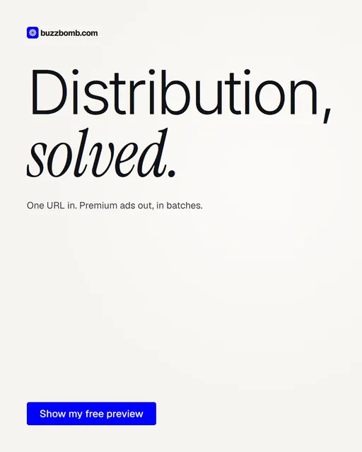 Video for BuzzBomb: "Distribution, solved.". Doc motion loop, 8.0 s, light palette.