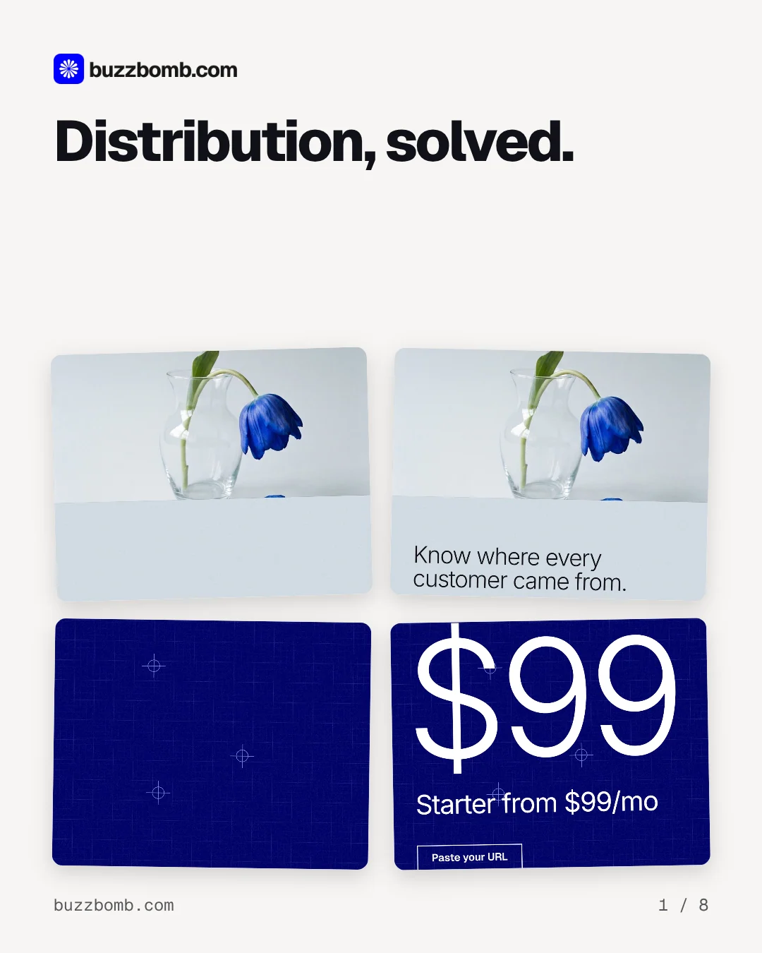 Carousel for BuzzBomb: "Distribution, solved.". Collection carousel, 8 slides, light palette.