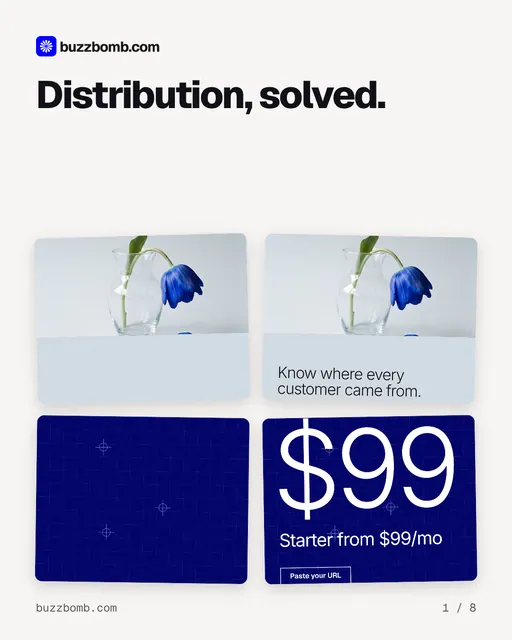 Carousel for BuzzBomb: "Distribution, solved.". Collection carousel, 8 slides, light palette.