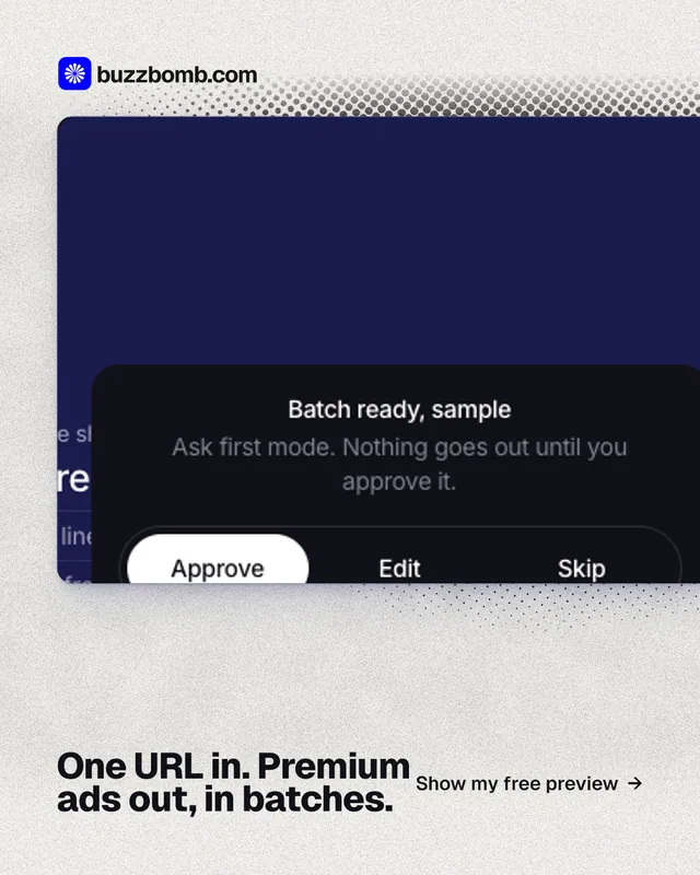 Instagram portrait post for BuzzBomb: "One URL in. Premium ads out, in batches." Ink sticker style, image led layout, light palette in white, blue, black.