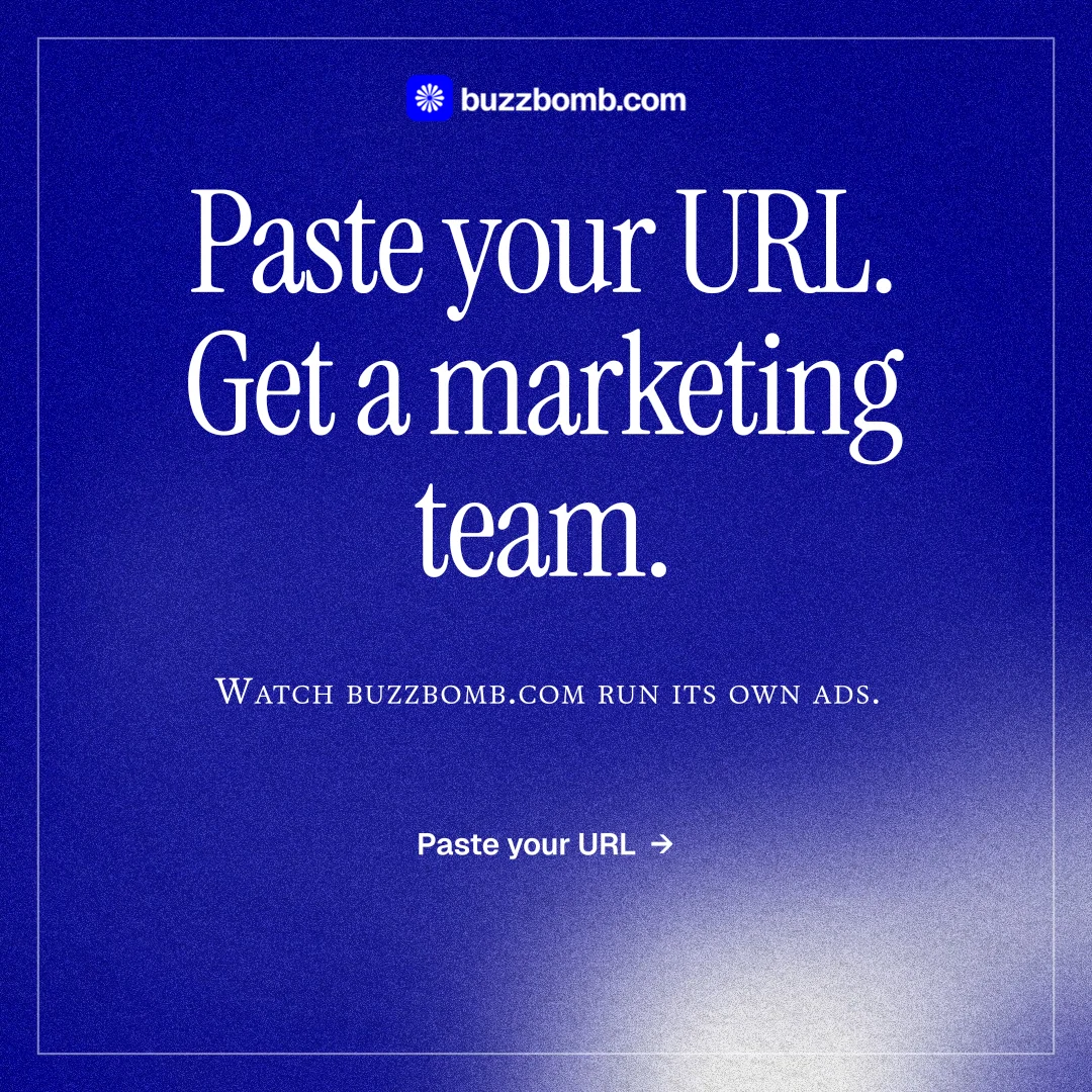 Instagram post for BuzzBomb: "Paste your URL. Get a marketing team." Editorial style, smallcaps layout, dark palette in blue.