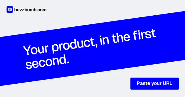 Social ad for BuzzBomb: "Your product, in the first second." Data card style, diagonal layout, light palette in blue, white.