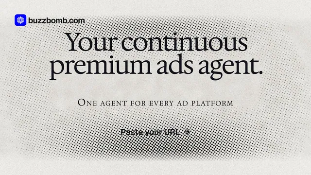 Landscape graphic for BuzzBomb: "Your continuous premium ads agent." Ink sticker style, smallcaps layout, light palette in white, grey.