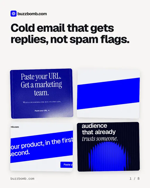 Carousel for BuzzBomb: "Cold email that gets replies, not spam flags.". Collection carousel, 8 slides, light palette.
