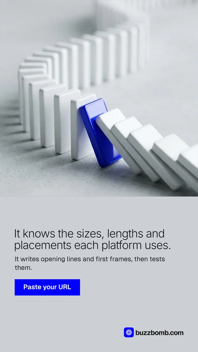 Instagram story for BuzzBomb: "It knows the sizes, lengths and placements each platform uses." Swiss style, bottom layout, light palette in white, grey.