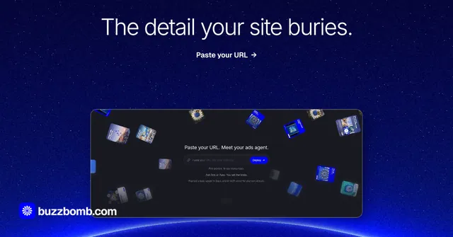 Social ad for BuzzBomb: "The detail your site buries." Swiss style, ogui layout, dark palette in blue.