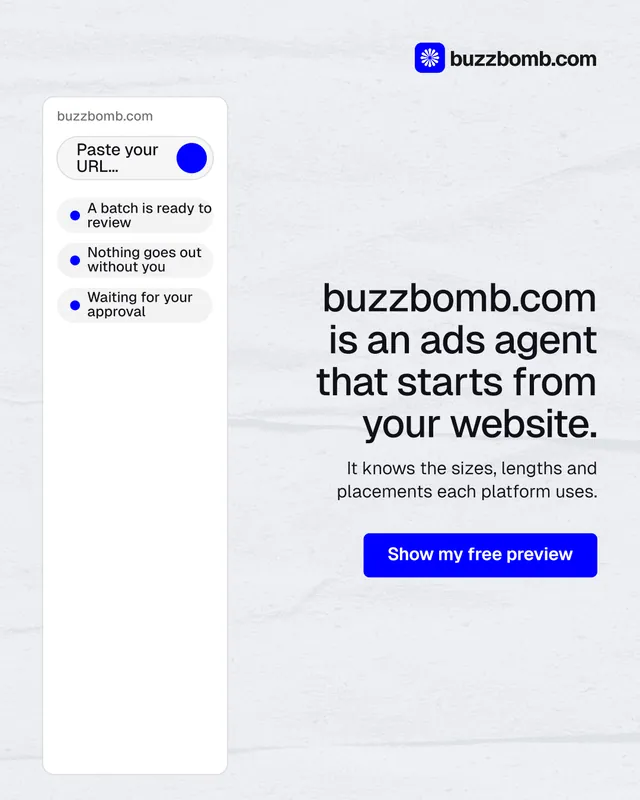 Instagram portrait post for BuzzBomb: "buzzbomb.com is an ads agent that starts from your website." Data card style, right layout, light palette in white, blue.