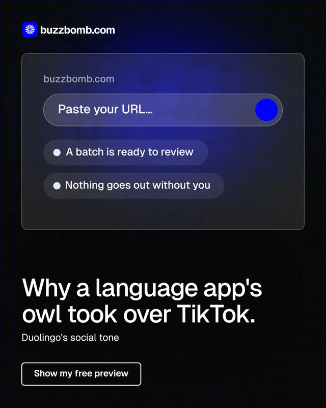 Instagram portrait post for BuzzBomb: "Why a language app's owl took over TikTok." Phosphor atlas style, bottom layout, dark palette in black, blue, grey.