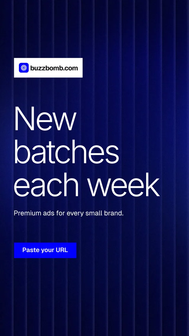 Instagram story for BuzzBomb: "New batches each week". Swiss style, announce layout, dark palette in black, blue.