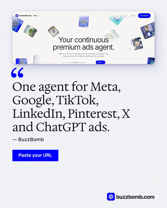 Instagram portrait post for BuzzBomb: "One agent for Meta, Google, TikTok, LinkedIn, Pinterest, X and ChatGPT ads." Swiss style, quote layout, light palette in white, blue.