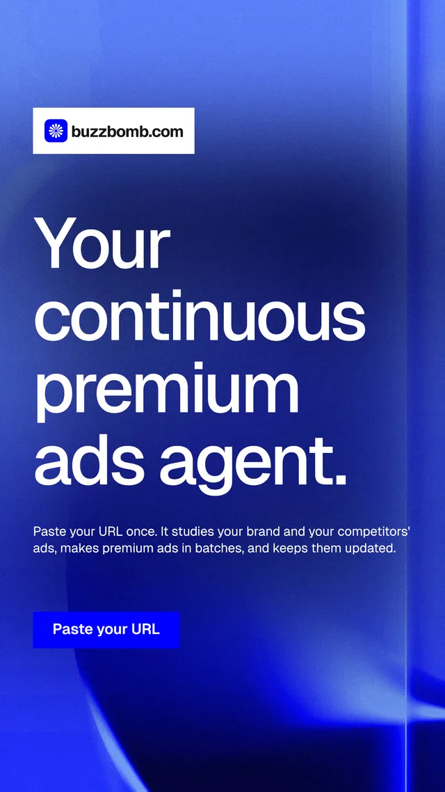 Instagram story for BuzzBomb: "Your continuous premium ads agent." Swiss style, announce layout, dark palette in blue.