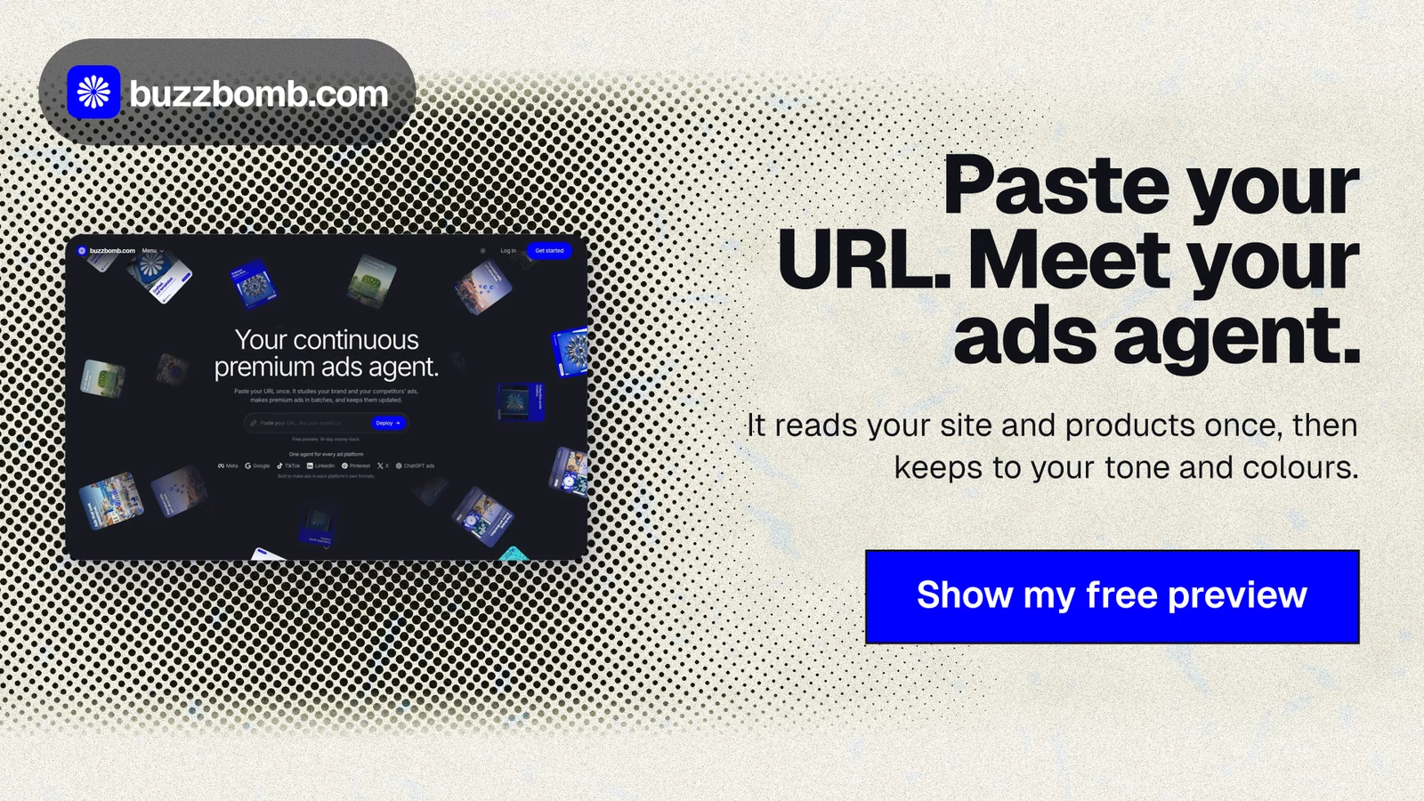 Landscape graphic for BuzzBomb: "Paste your URL. Meet your ads agent." Ink sticker style, right layout, light palette in grey, blue, yellow.