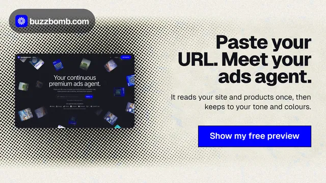 Landscape graphic for BuzzBomb: "Paste your URL. Meet your ads agent." Ink sticker style, right layout, light palette in grey, blue, yellow.