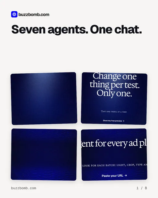 Carousel for BuzzBomb: "Seven agents. One chat.". Collection carousel, 8 slides, light palette.