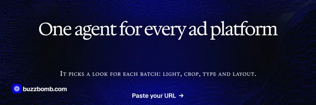 X header for BuzzBomb: "One agent for every ad platform". Phosphor atlas style, smallcaps layout, dark palette in black, blue.