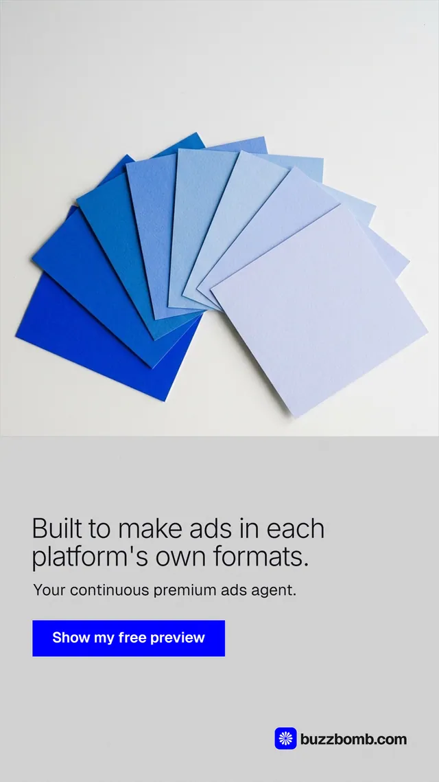 Instagram story for BuzzBomb: "Built to make ads in each platform's own formats." Swiss style, bottom layout, light palette in white, blue.