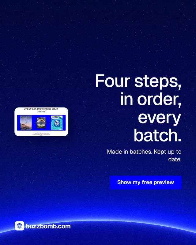 Instagram portrait post for BuzzBomb: "Four steps, in order, every batch." Swiss style, right layout, dark palette in blue.