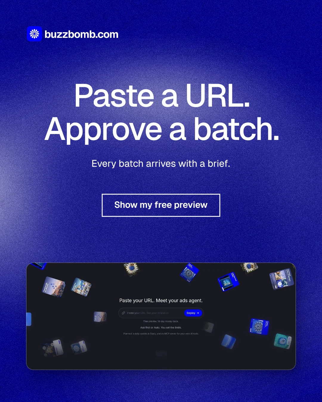 Instagram portrait post for BuzzBomb: "Paste a URL. Approve a batch." Cyanotype style, centred layout, dark palette in blue.