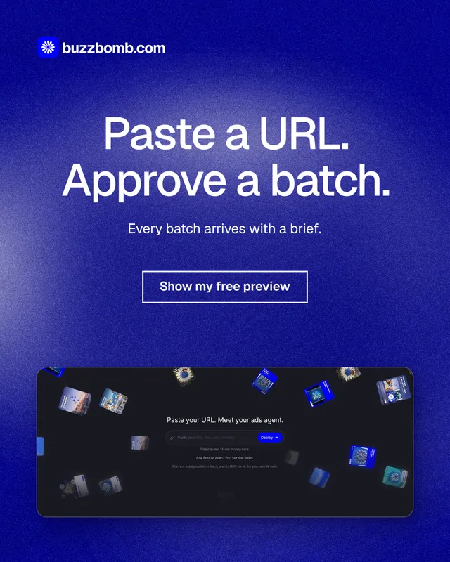 Instagram portrait post for BuzzBomb: "Paste a URL. Approve a batch." Cyanotype style, centred layout, dark palette in blue.