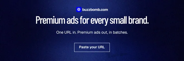 X header for BuzzBomb: "Premium ads for every small brand." Dark deco style, centred layout, dark palette in blue, black.