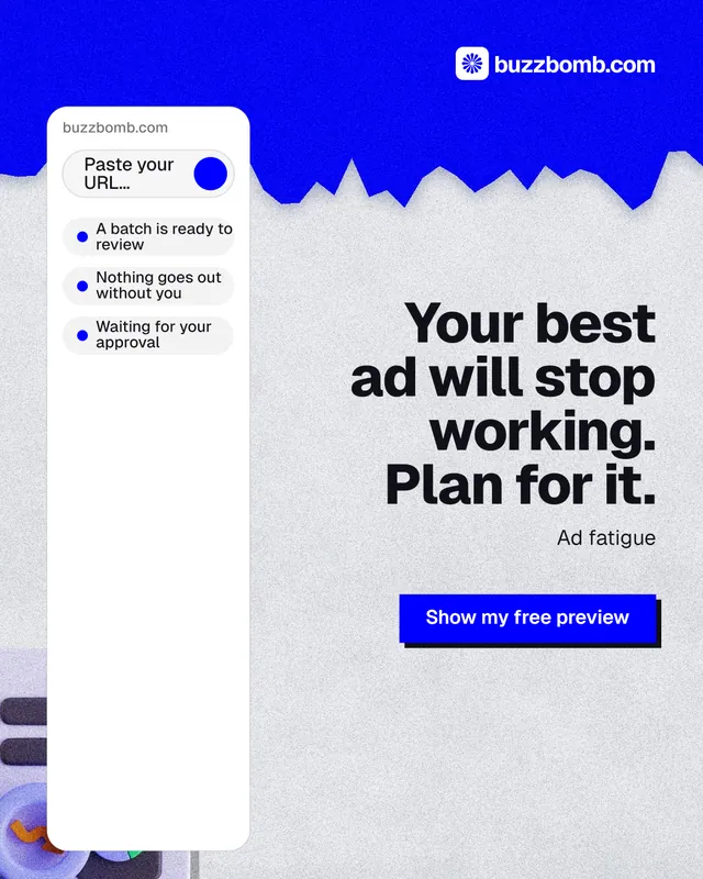 Instagram portrait post for BuzzBomb: "Your best ad will stop working. Plan for it." Paper trio style, right layout, light palette in white, blue, grey.