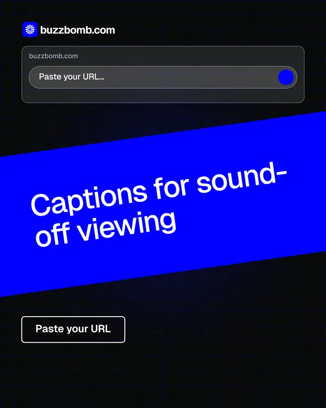 Instagram portrait post for BuzzBomb: "Captions for sound-off viewing". Phosphor atlas style, diagonal layout, dark palette in blue, black.