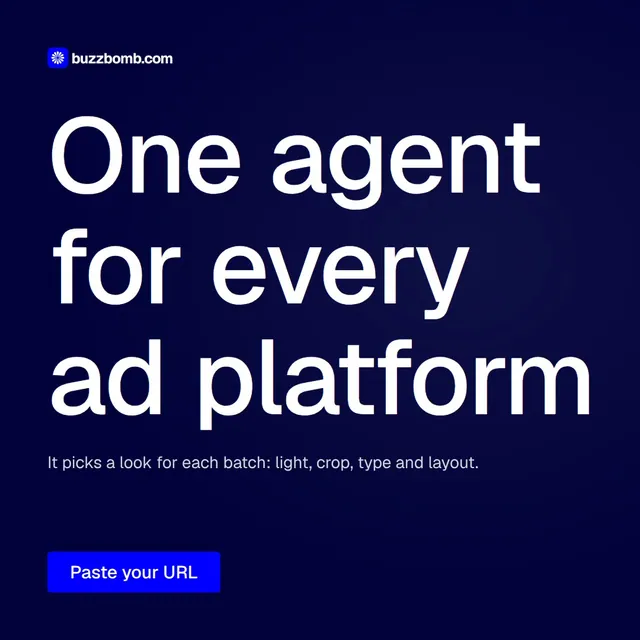 Video for BuzzBomb: "One agent for every ad platform". Doc motion loop, 7.0 s, dark palette.