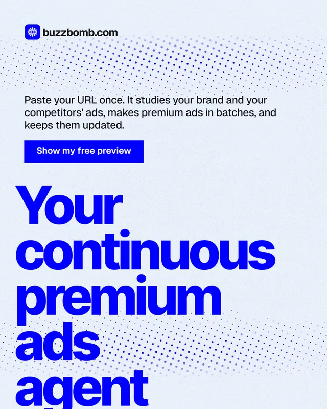 Instagram portrait post for BuzzBomb: "Your continuous premium ads agent." Swiss style, oversized layout, light palette in white, blue.