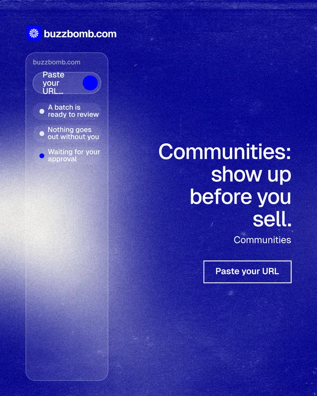 Instagram portrait post for BuzzBomb: "Communities: show up before you sell." Cyanotype style, right layout, dark palette in blue.