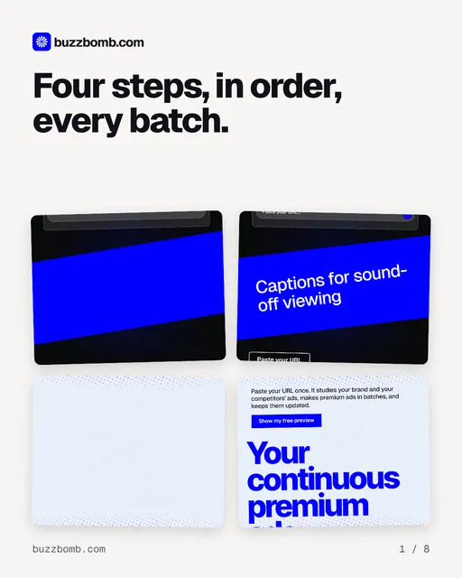 Carousel for BuzzBomb: "Four steps, in order, every batch.". Collection carousel, 8 slides, light palette.