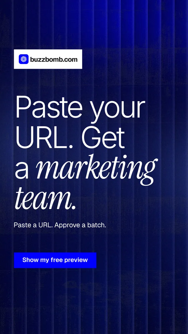 Instagram story for BuzzBomb: "Paste your URL. Get a marketing team." Swiss style, announce layout, dark palette in blue, grey.