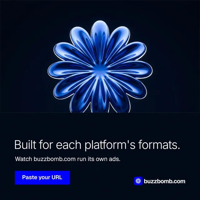 Instagram post for BuzzBomb: "Built for each platform's formats." Swiss style, bottom layout, dark palette in black, blue.