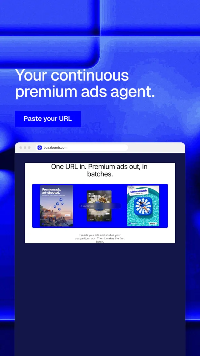 Instagram story for BuzzBomb: "Your continuous premium ads agent." Swiss style, browser layout, dark palette in blue.