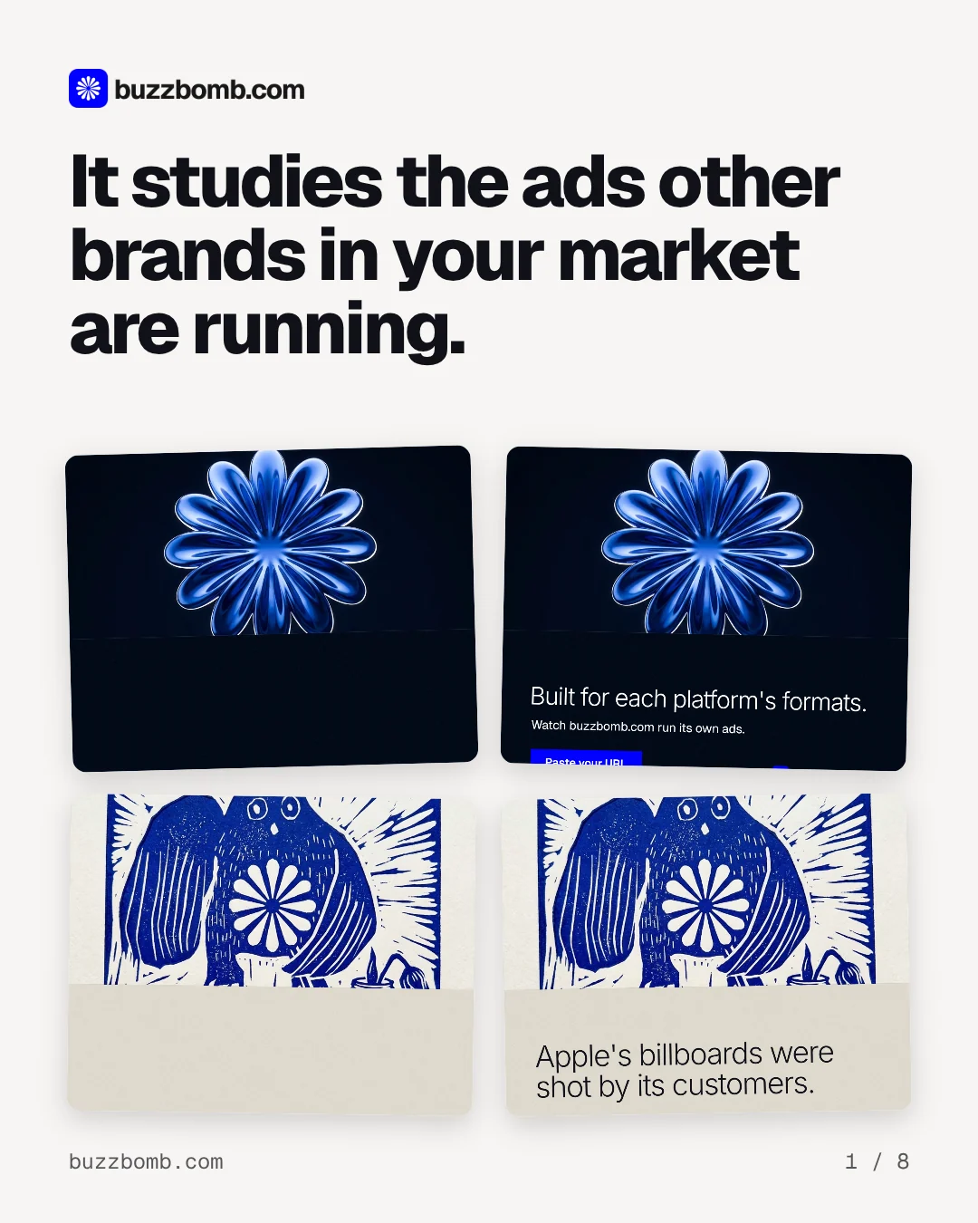Carousel for BuzzBomb: "It studies the ads other brands in your market are running.". Collection carousel, 8 slides, light palette.