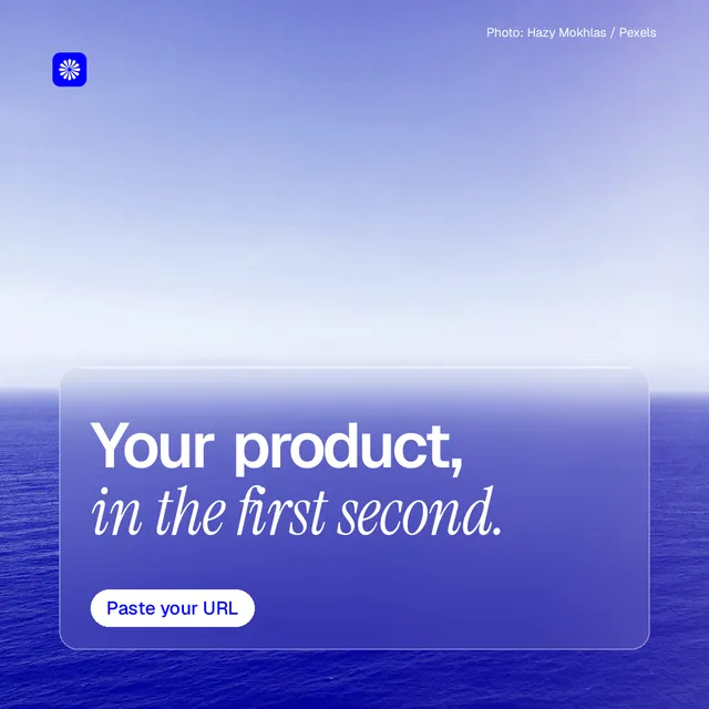 Instagram post for BuzzBomb: "Your product, in the first second." Glass style, technique:pexels ingredient layout, light palette in blue, white.