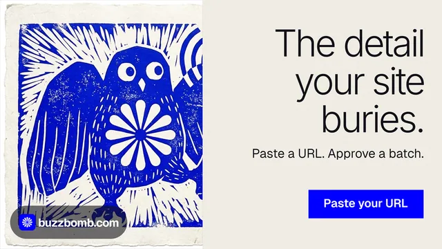 Landscape graphic for BuzzBomb: "The detail your site buries." Swiss style, right layout, light palette in yellow, blue, grey.